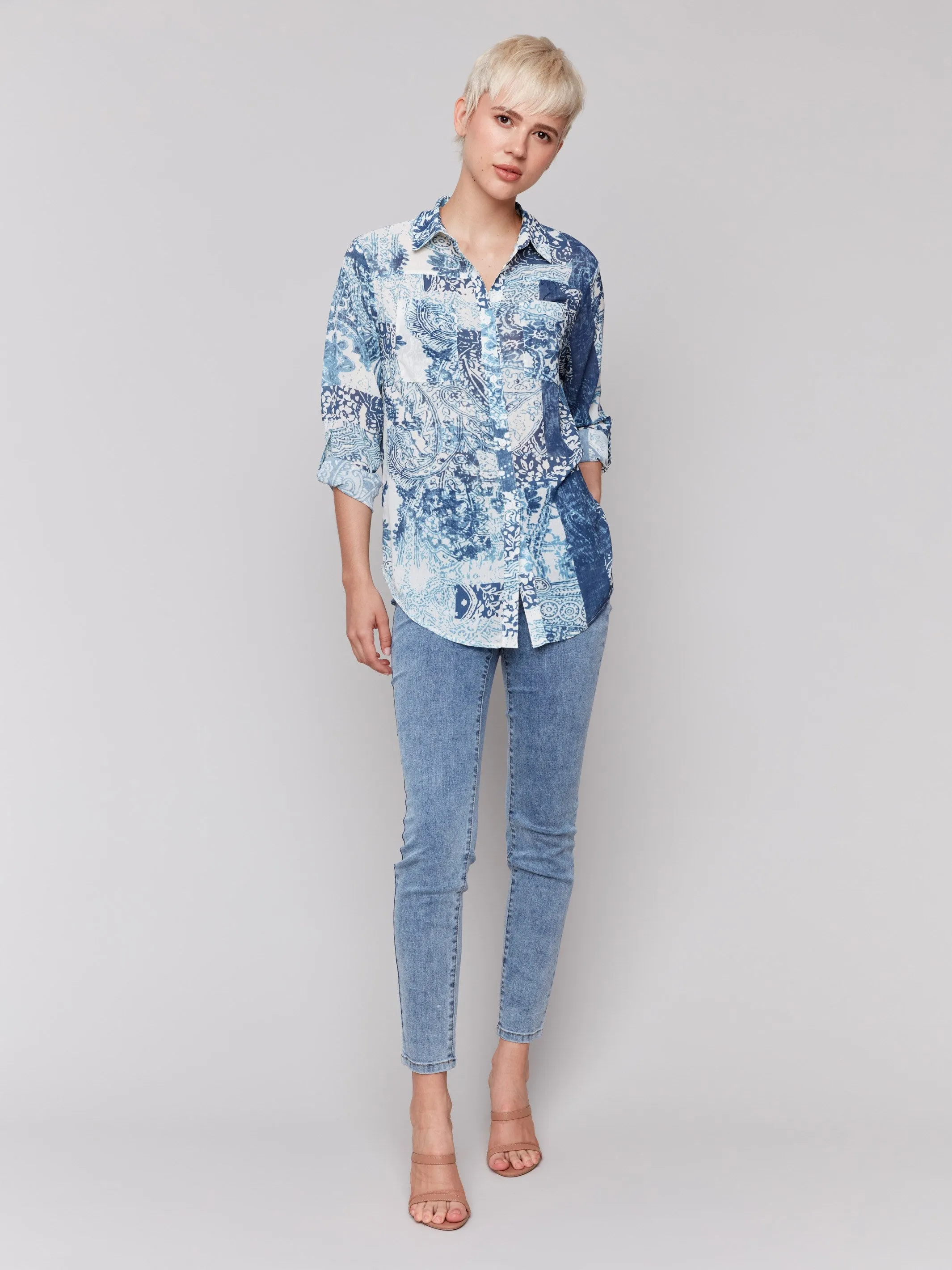 Printed Crinkle Button-Front Blouse - Scarf