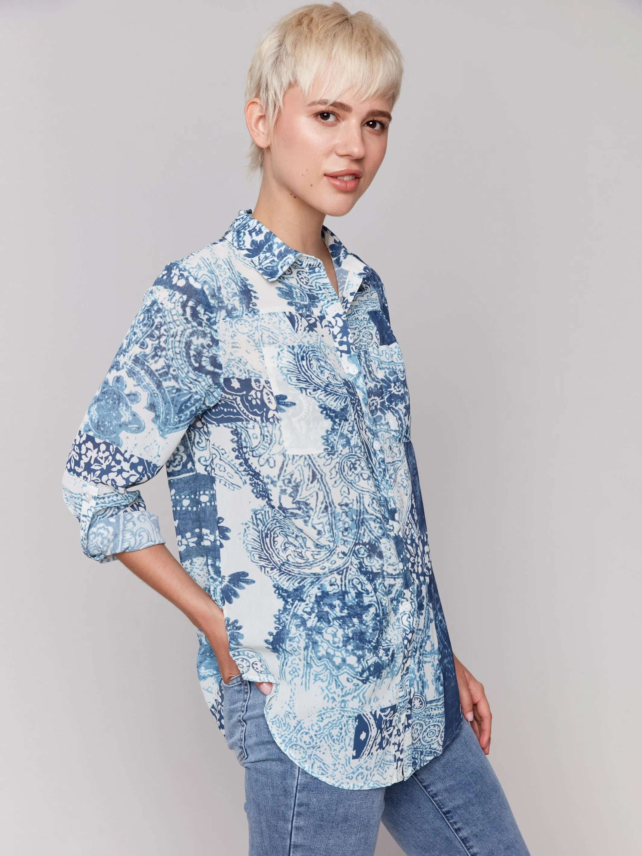 Printed Crinkle Button-Front Blouse - Scarf
