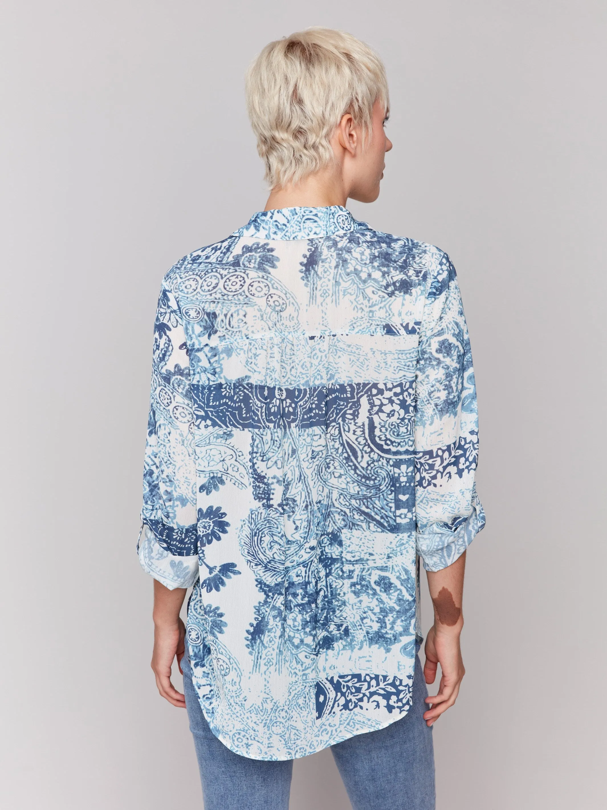 Printed Crinkle Button-Front Blouse - Scarf