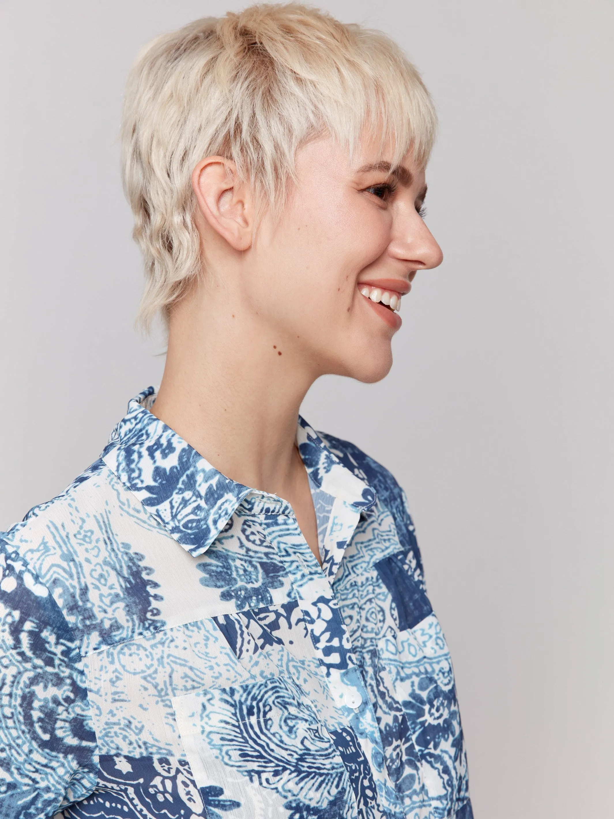 Printed Crinkle Button-Front Blouse - Scarf