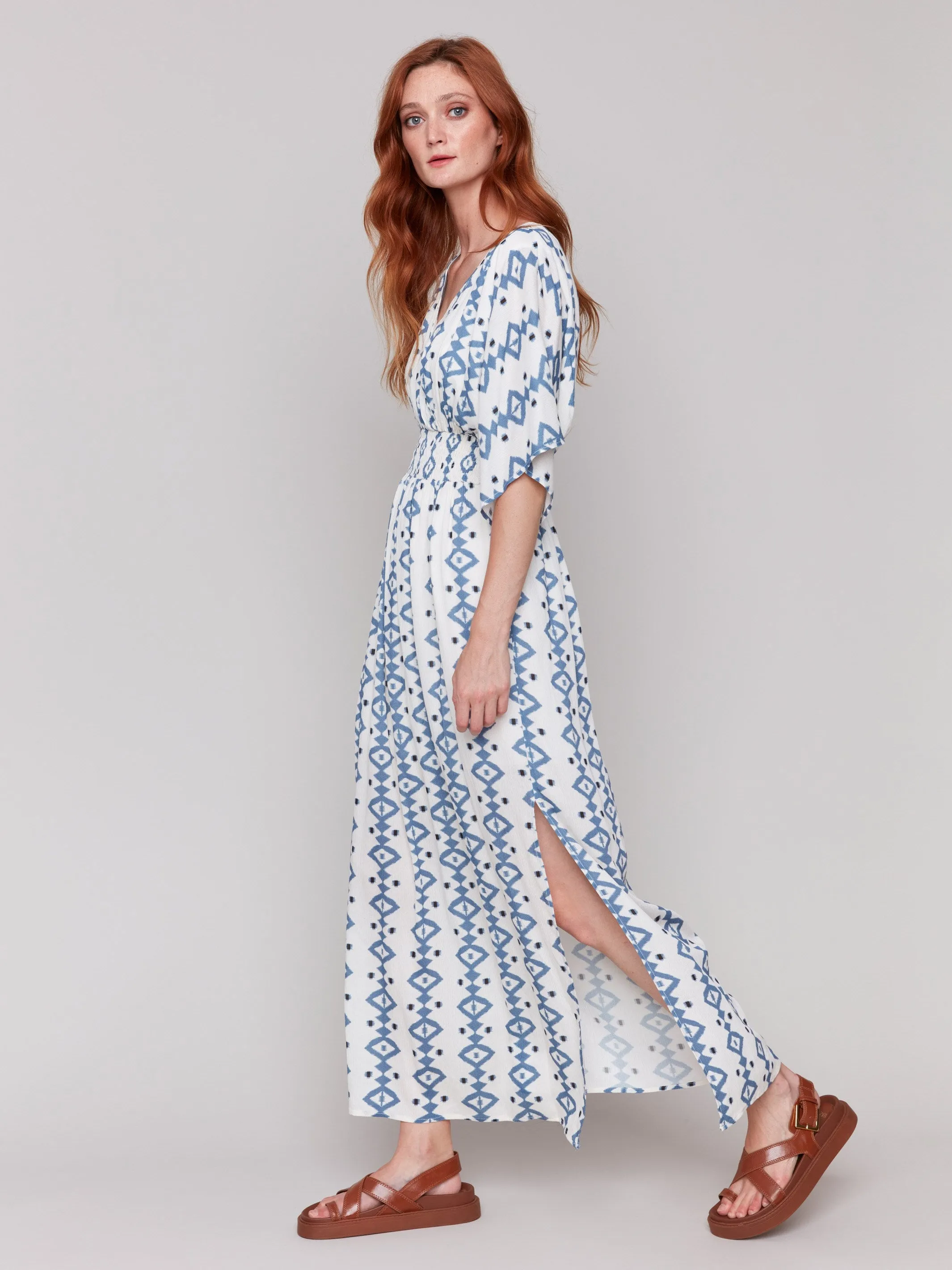Printed Dolman Sleeve Maxi Dress with Side Slits - Geo