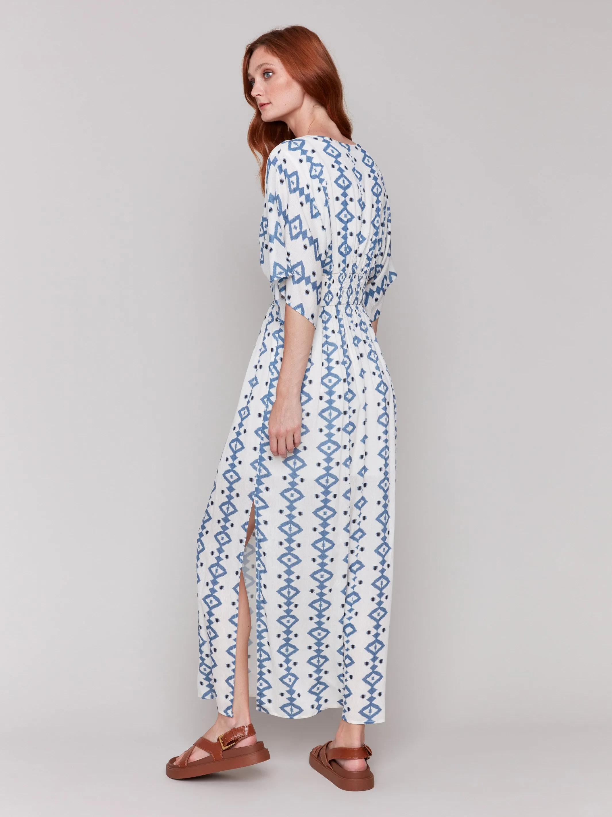 Printed Dolman Sleeve Maxi Dress with Side Slits - Geo