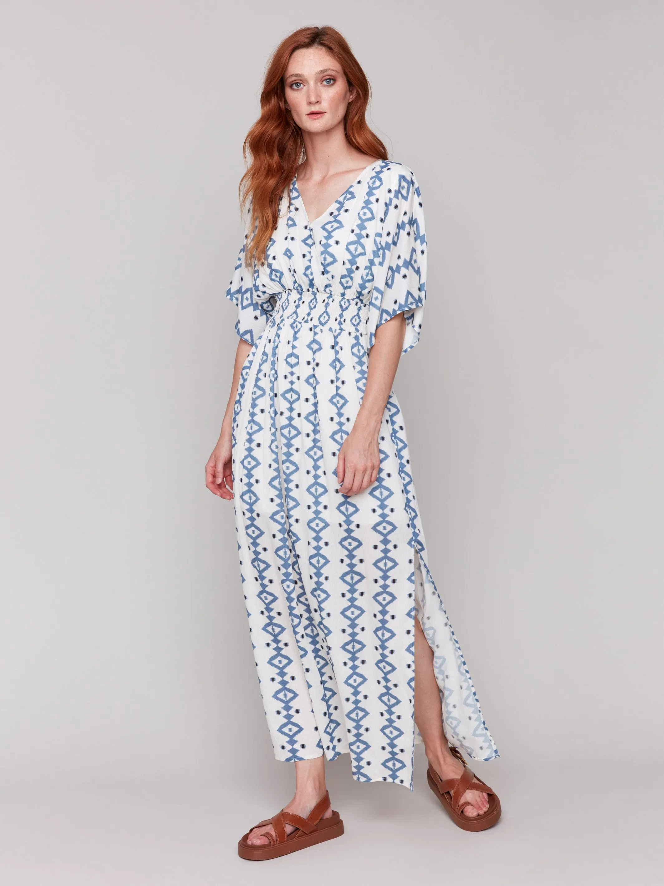 Printed Dolman Sleeve Maxi Dress with Side Slits - Geo