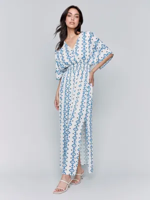 Printed Dolman Sleeve Maxi Dress with Side Slits - Geo