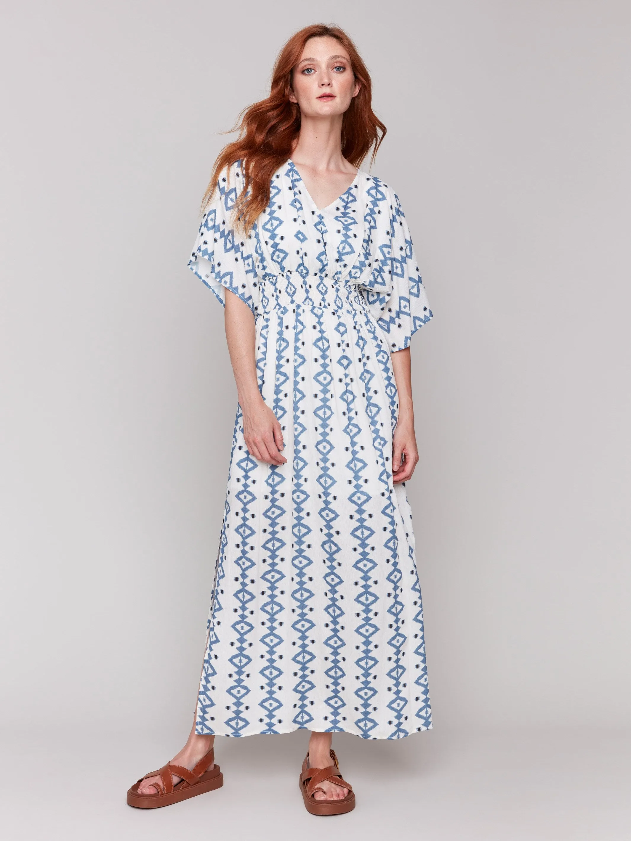 Printed Dolman Sleeve Maxi Dress with Side Slits - Geo
