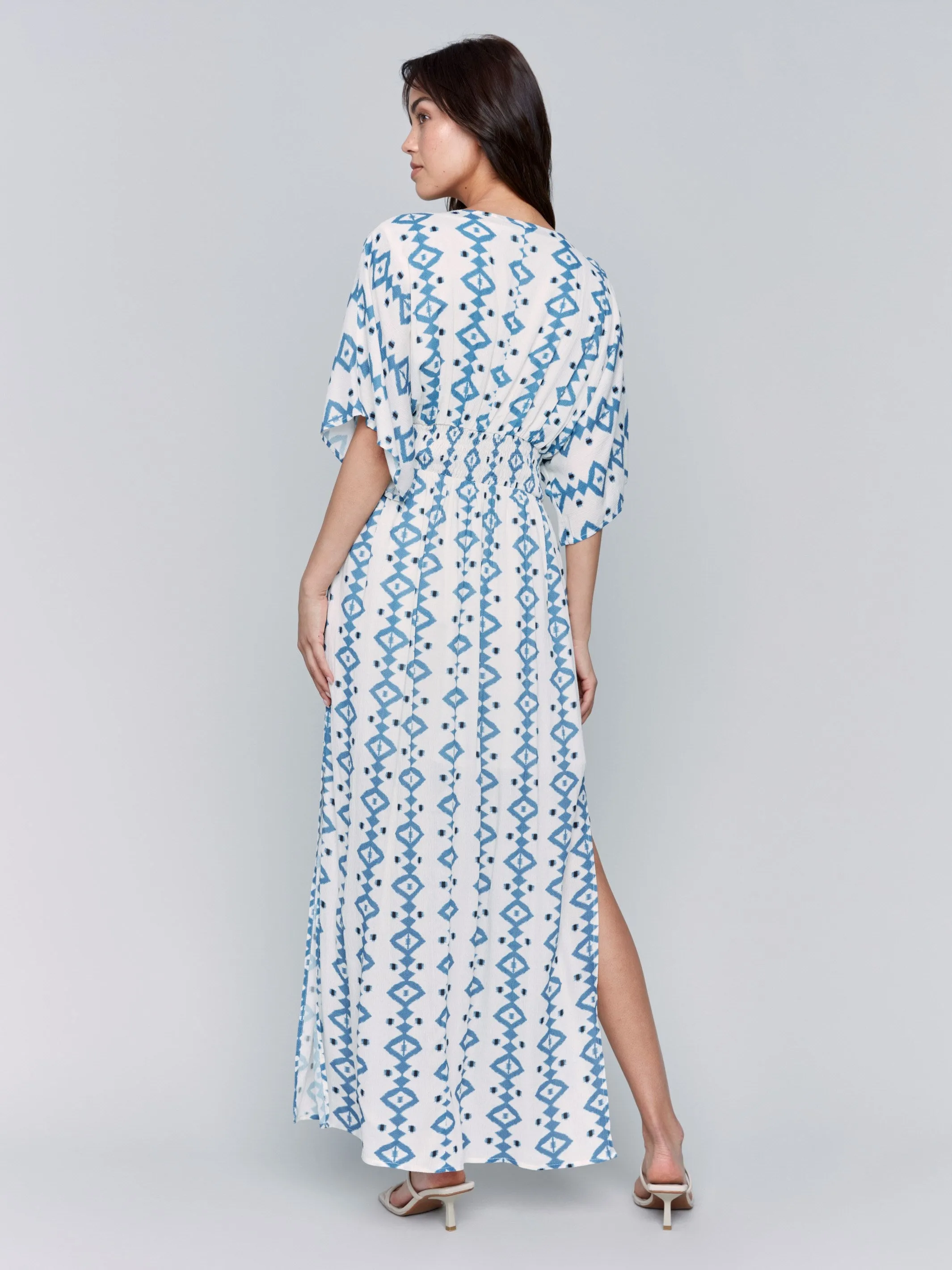 Printed Dolman Sleeve Maxi Dress with Side Slits - Geo
