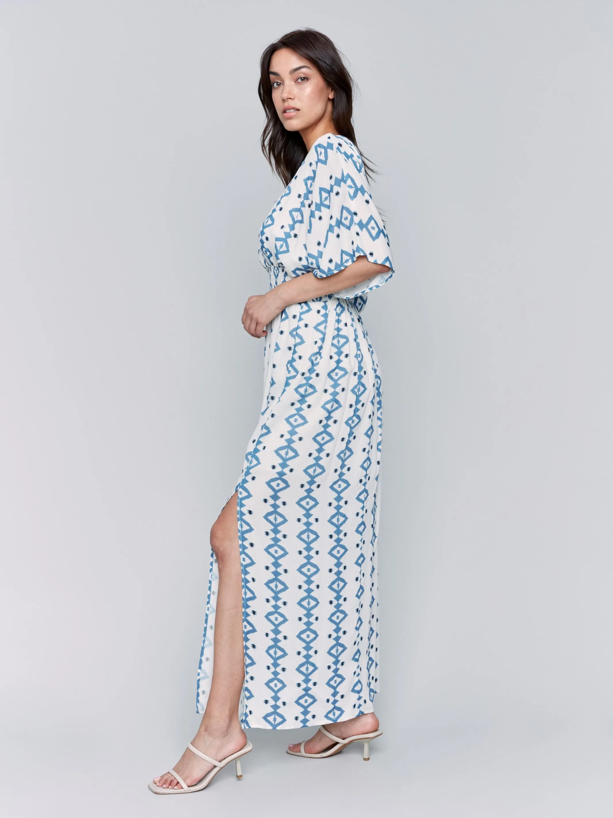 Printed Dolman Sleeve Maxi Dress with Side Slits - Geo