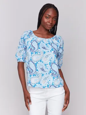 Printed Off-The-Shoulder Cotton Blouse - Blue