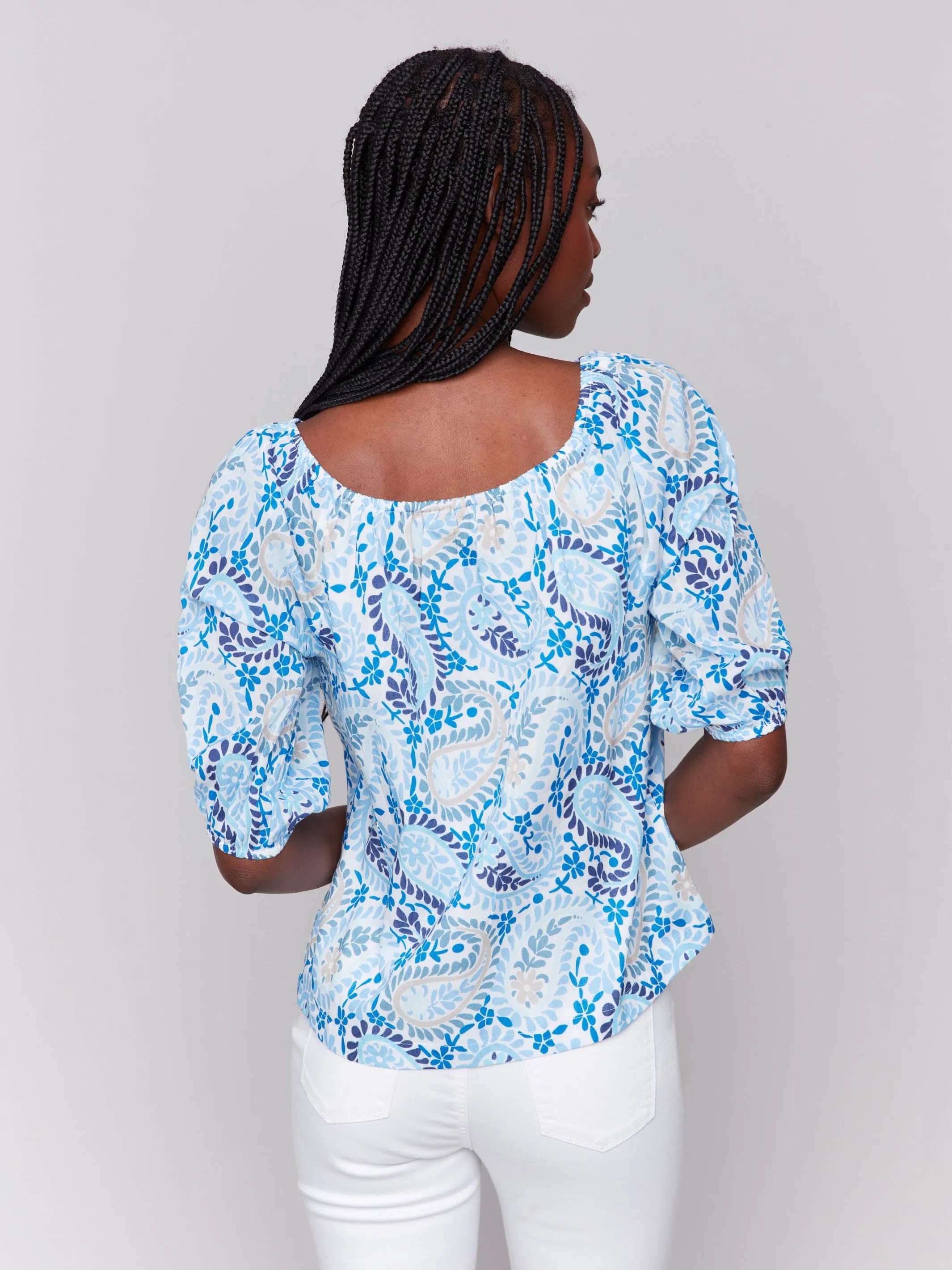 Printed Off-The-Shoulder Cotton Blouse - Blue