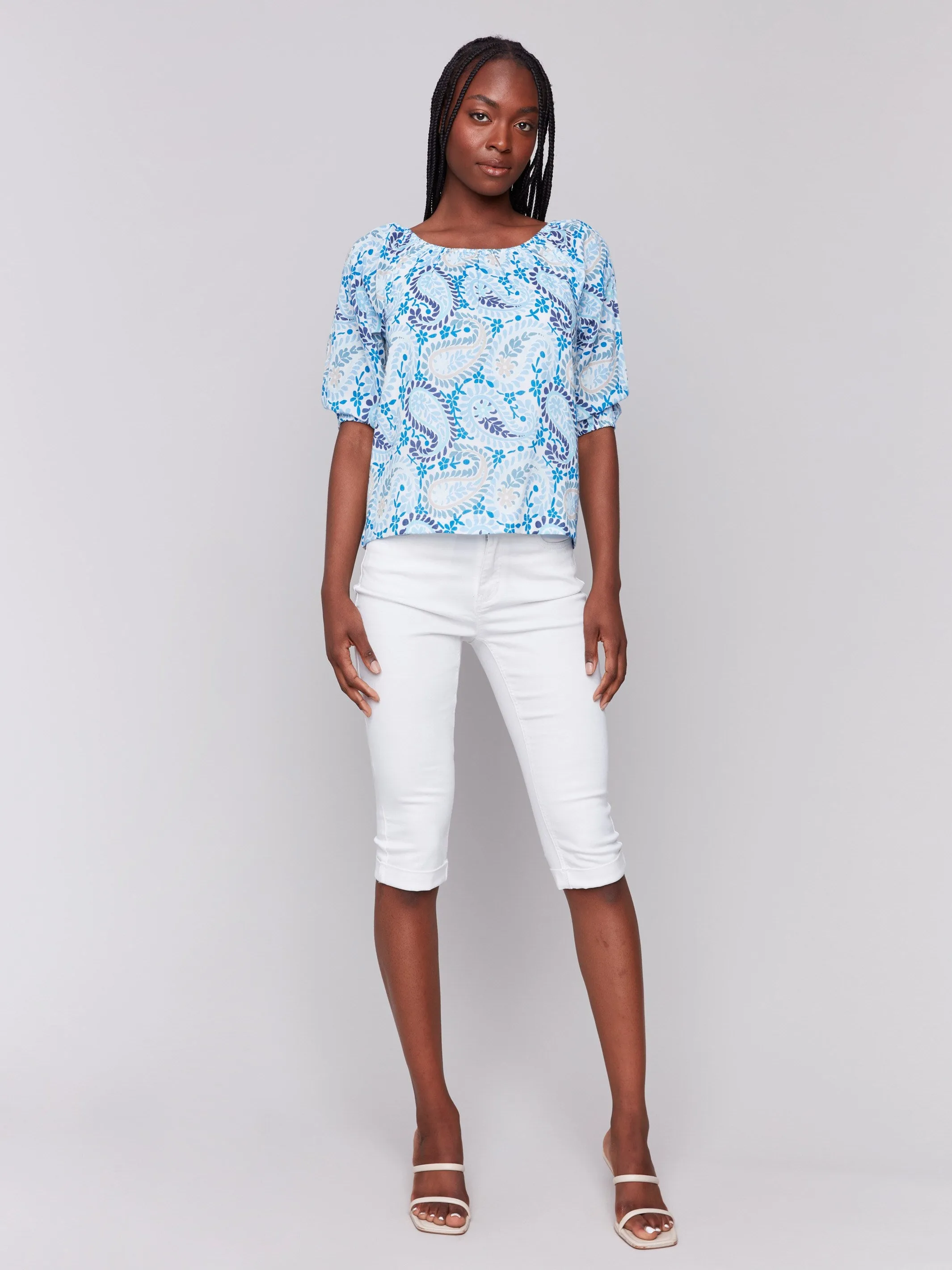 Printed Off-The-Shoulder Cotton Blouse - Blue