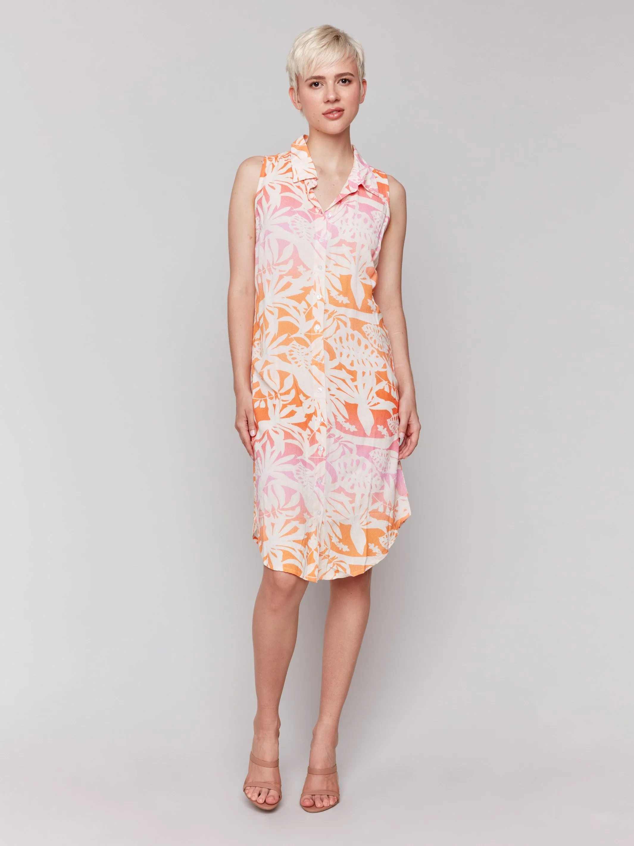 Printed Sleeveless Button-Front Dress - Tropical