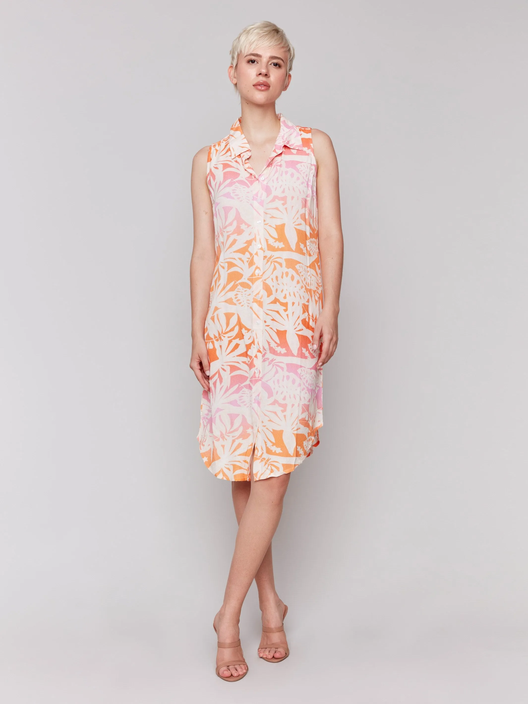 Printed Sleeveless Button-Front Dress - Tropical
