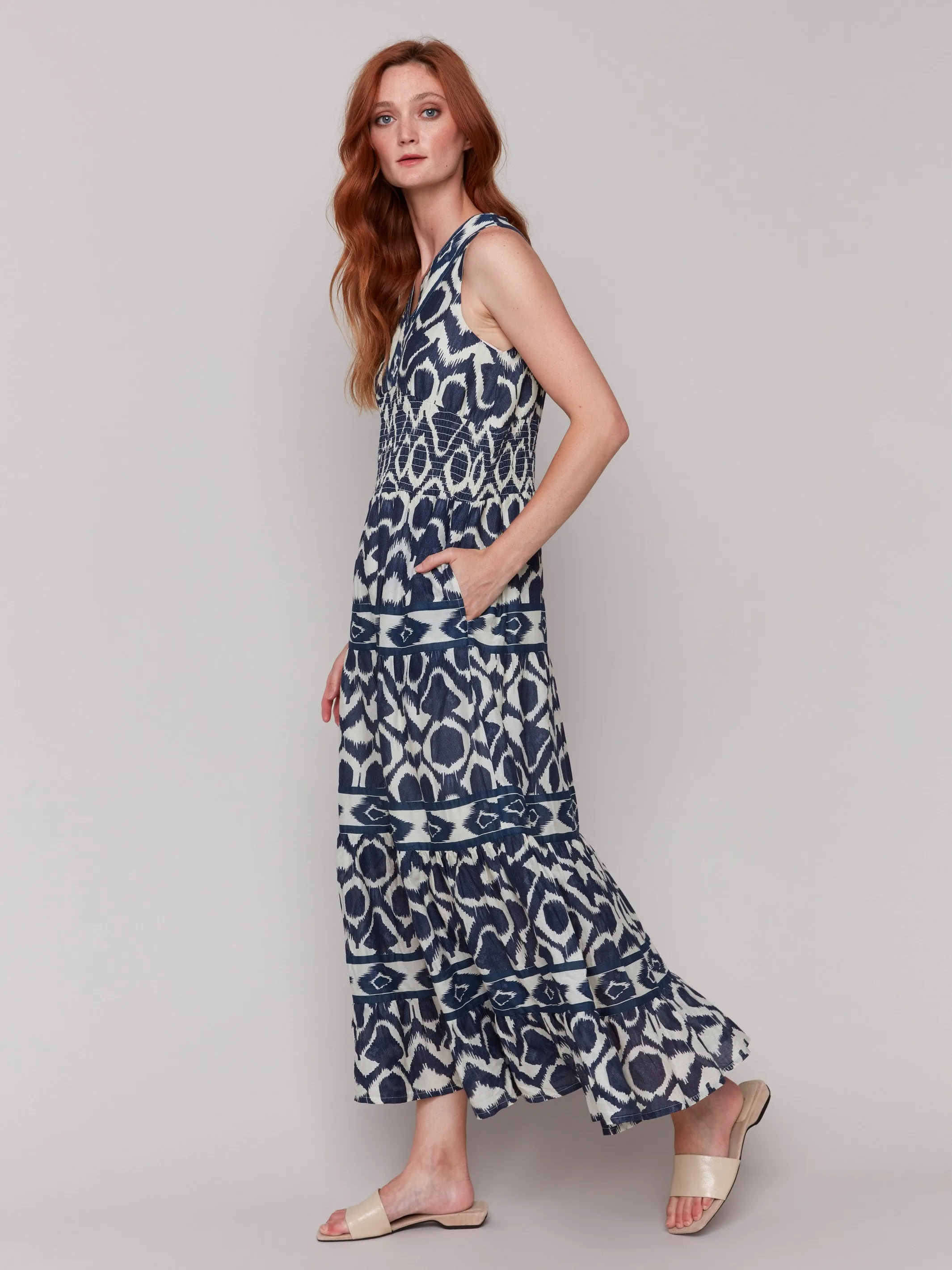 Printed Sleeveless Cotton Maxi Dress - Navy