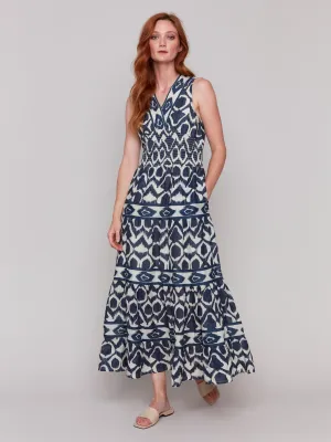 Printed Sleeveless Cotton Maxi Dress - Navy