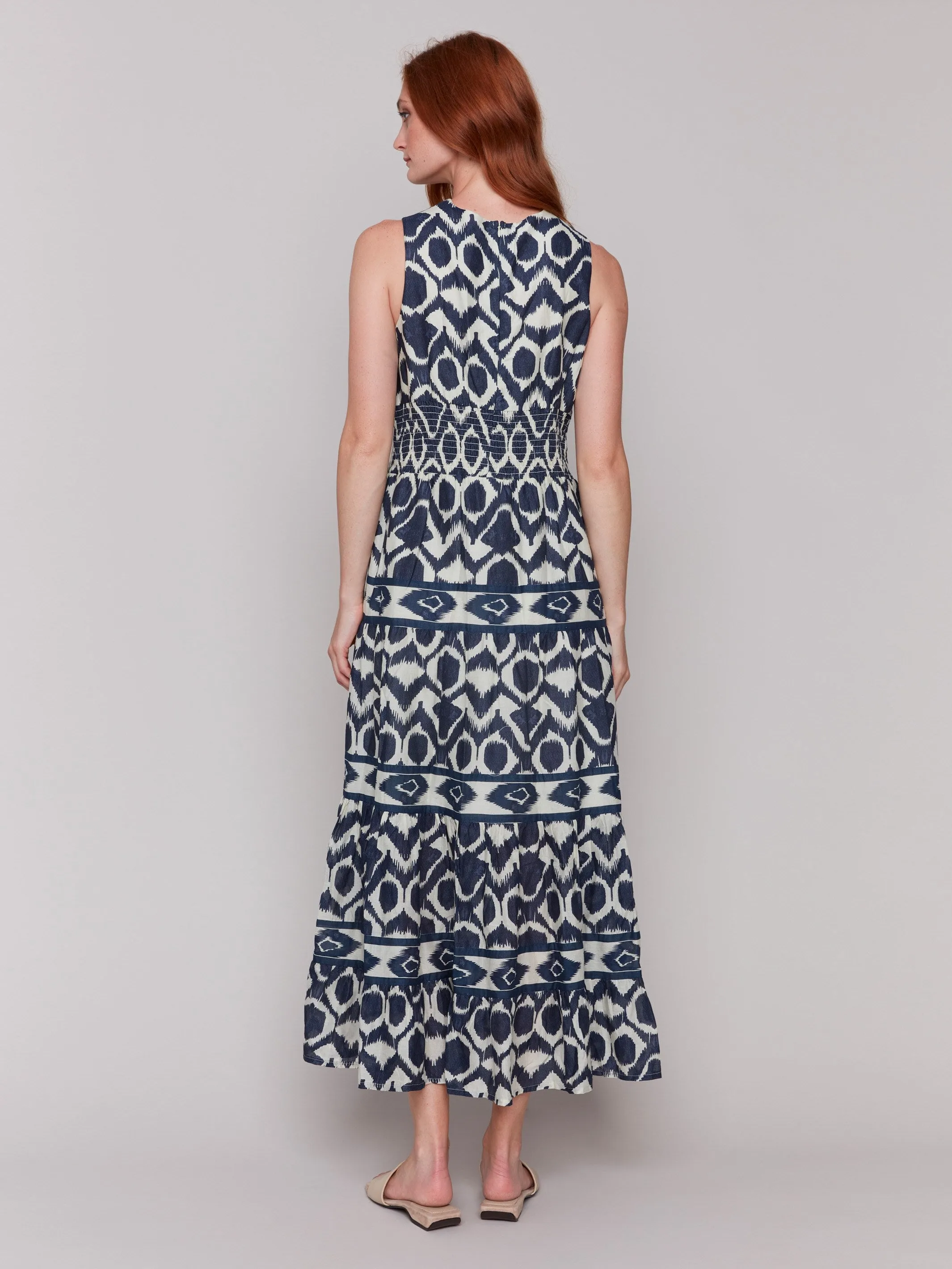 Printed Sleeveless Cotton Maxi Dress - Navy