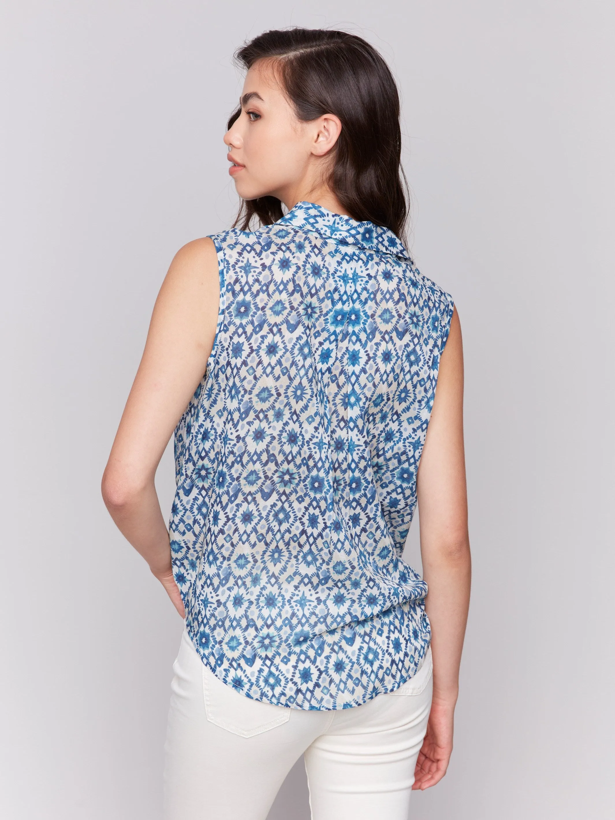Printed Sleeveless Front Tie Cotton Shirt - Stars