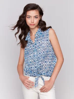 Printed Sleeveless Front Tie Cotton Shirt - Stars