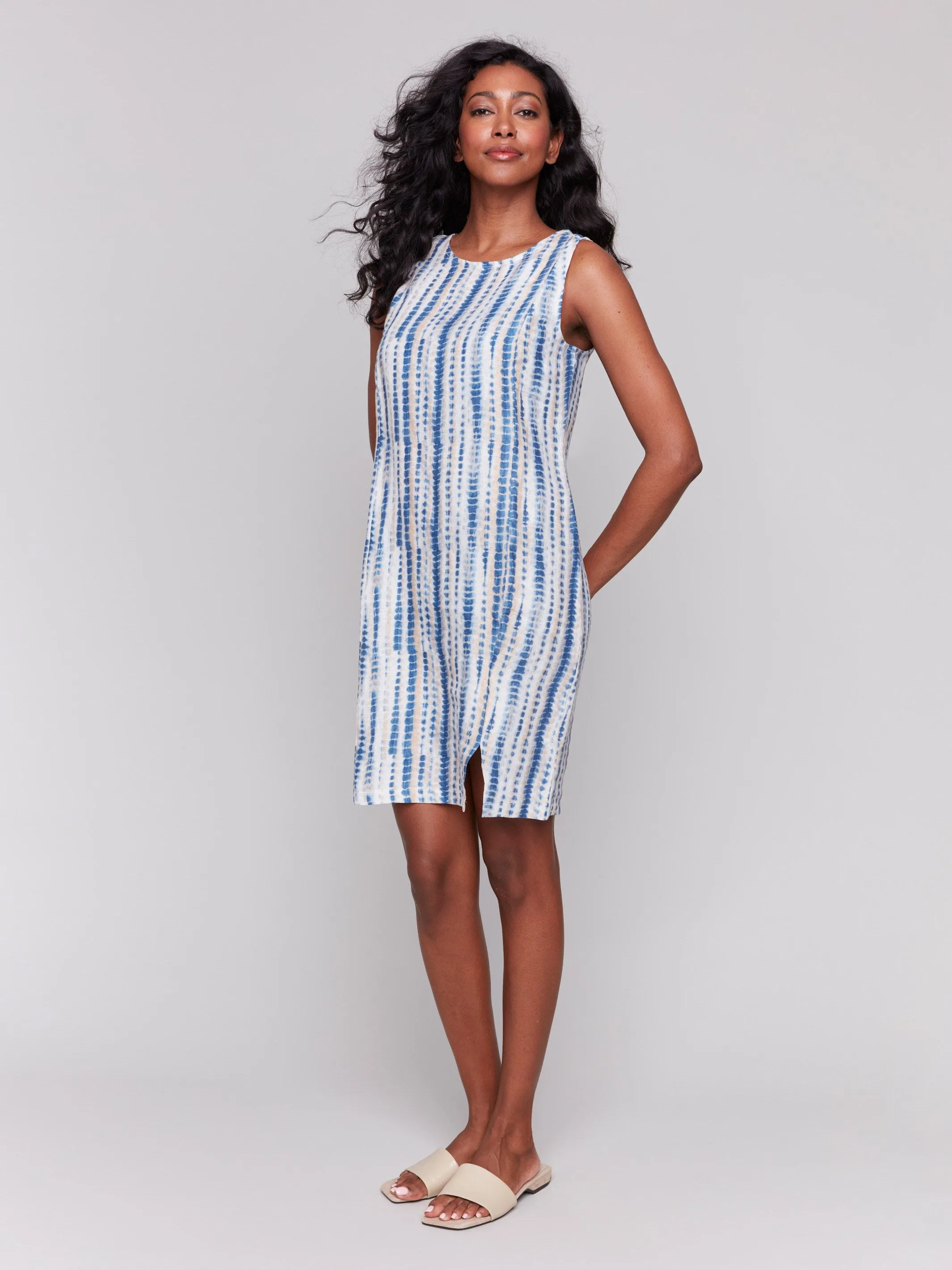 Printed Sleeveless Linen Blend Dress - Beach