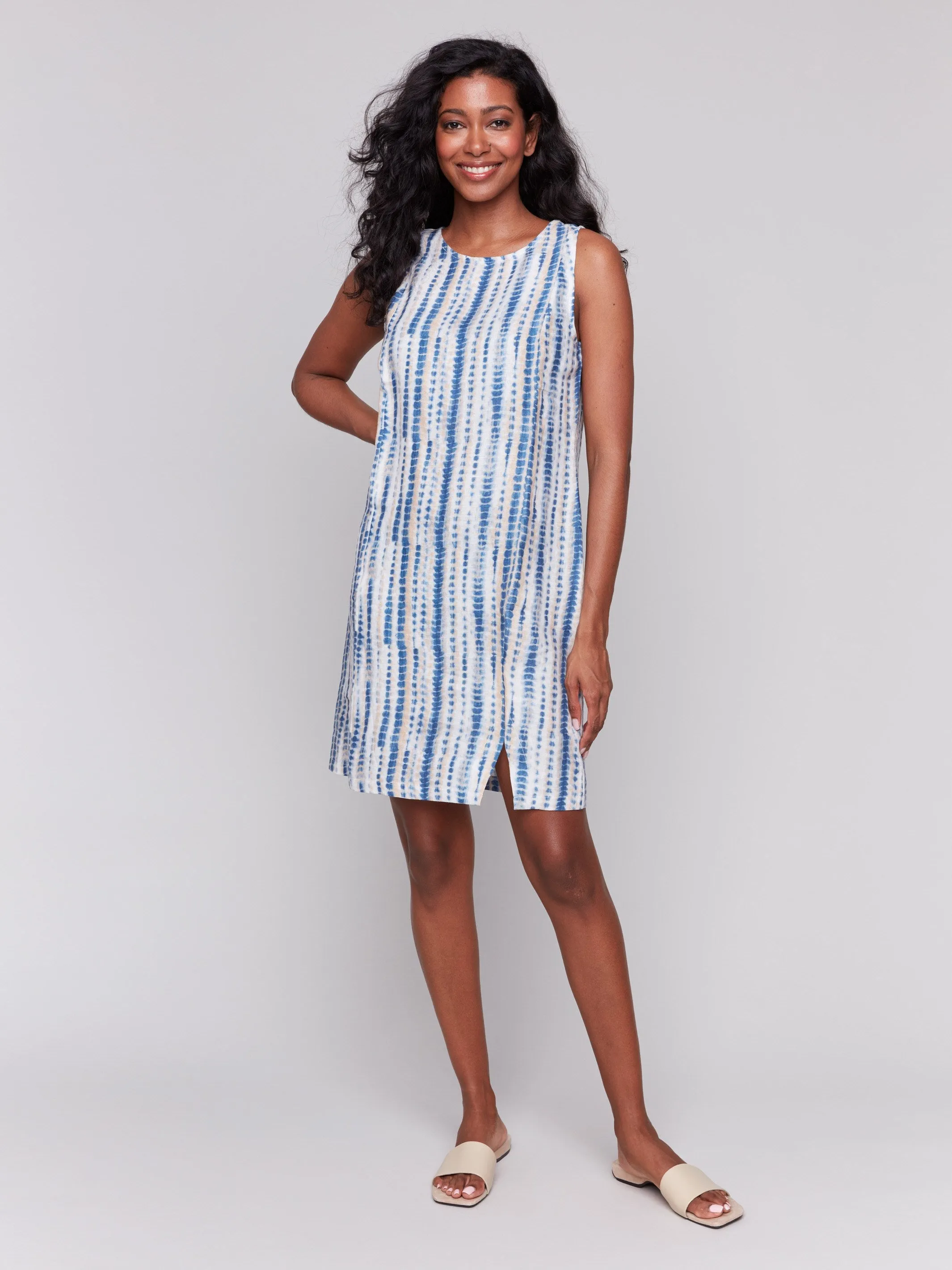 Printed Sleeveless Linen Blend Dress - Beach