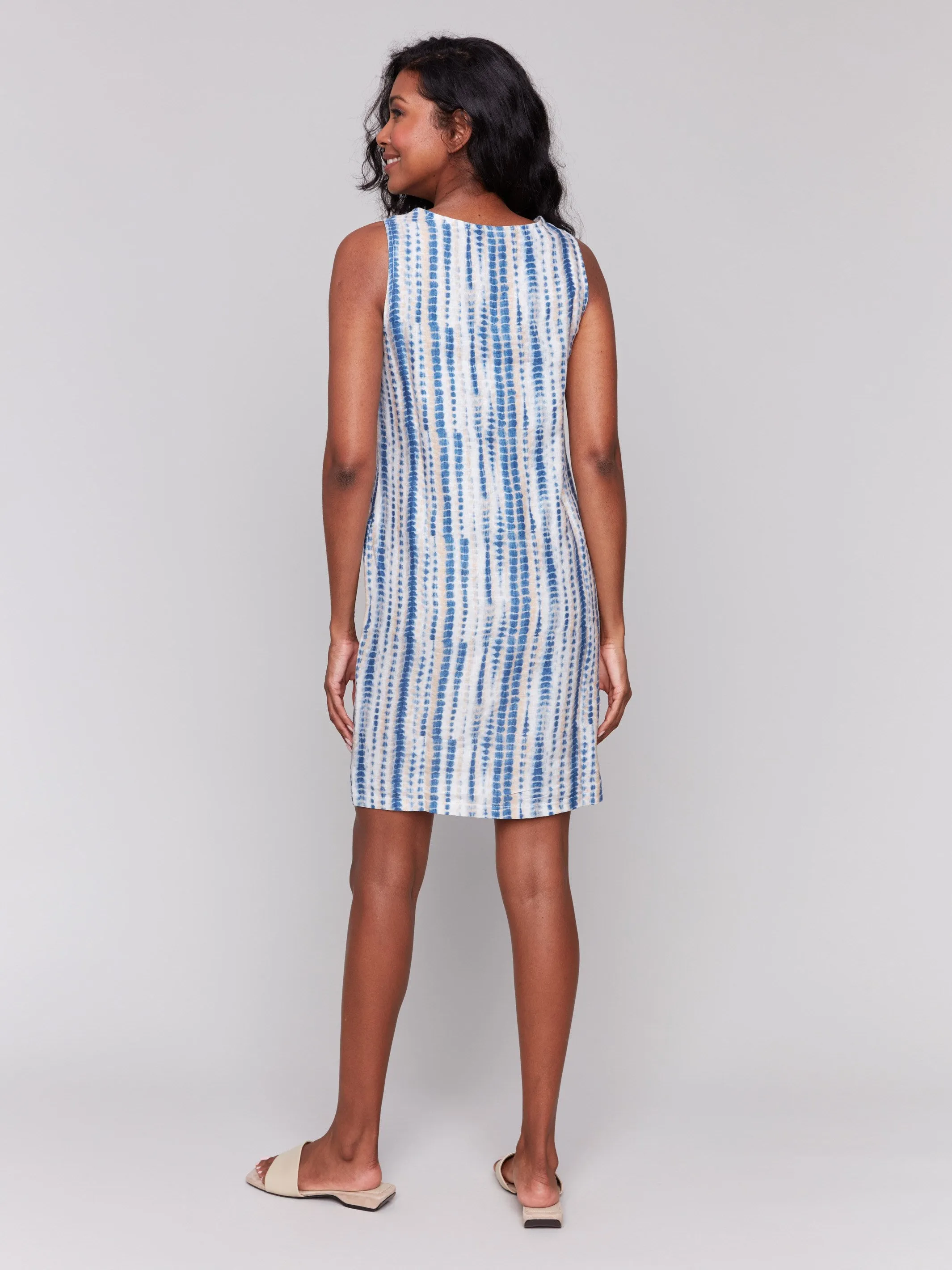 Printed Sleeveless Linen Blend Dress - Beach