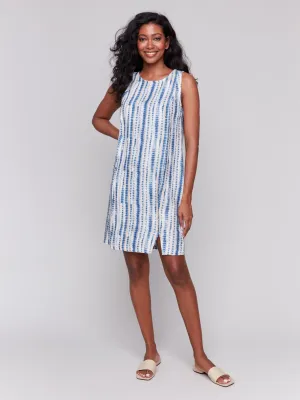 Printed Sleeveless Linen Blend Dress - Beach