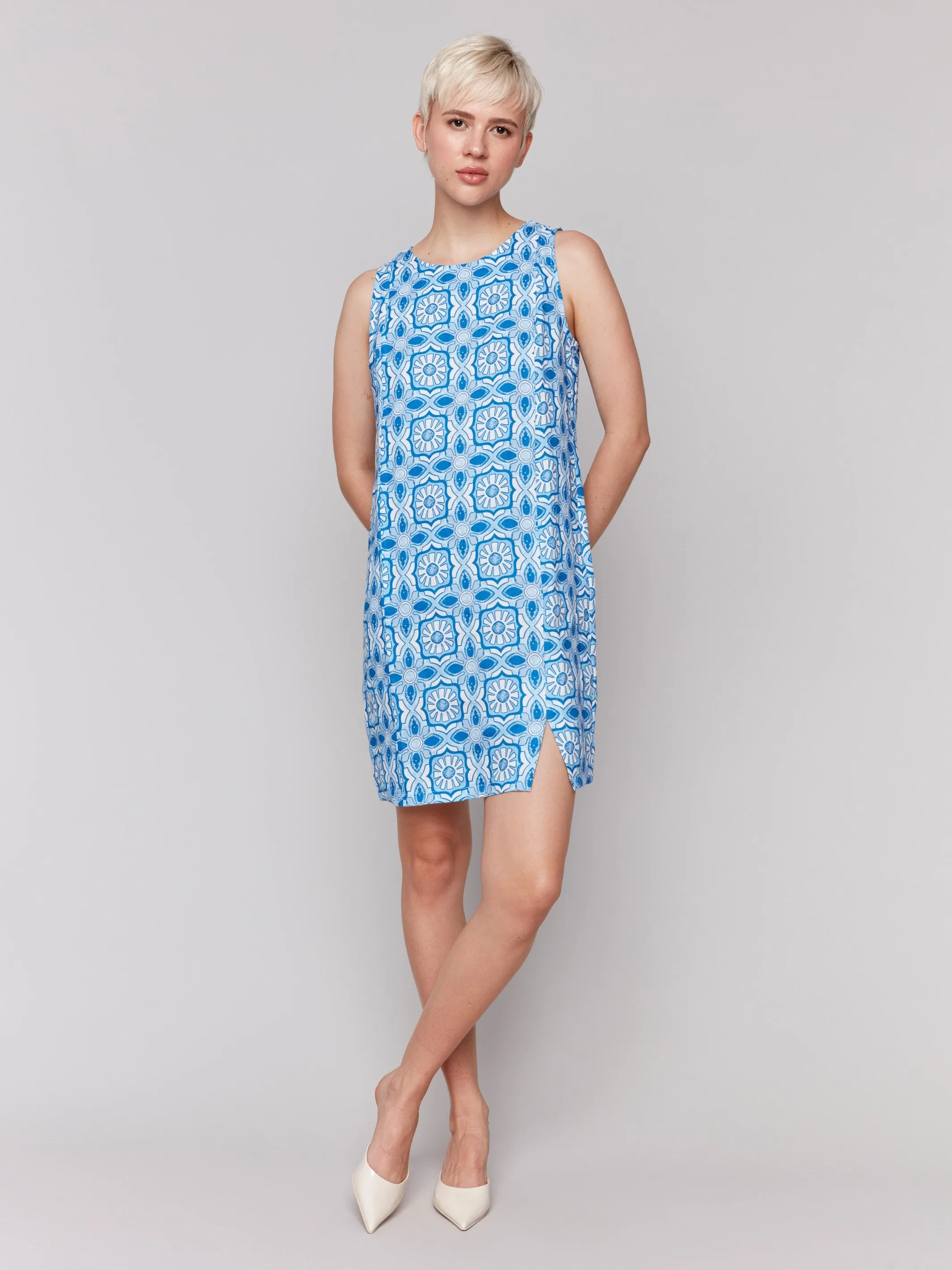 Printed Sleeveless Linen Blend Dress - Illusion