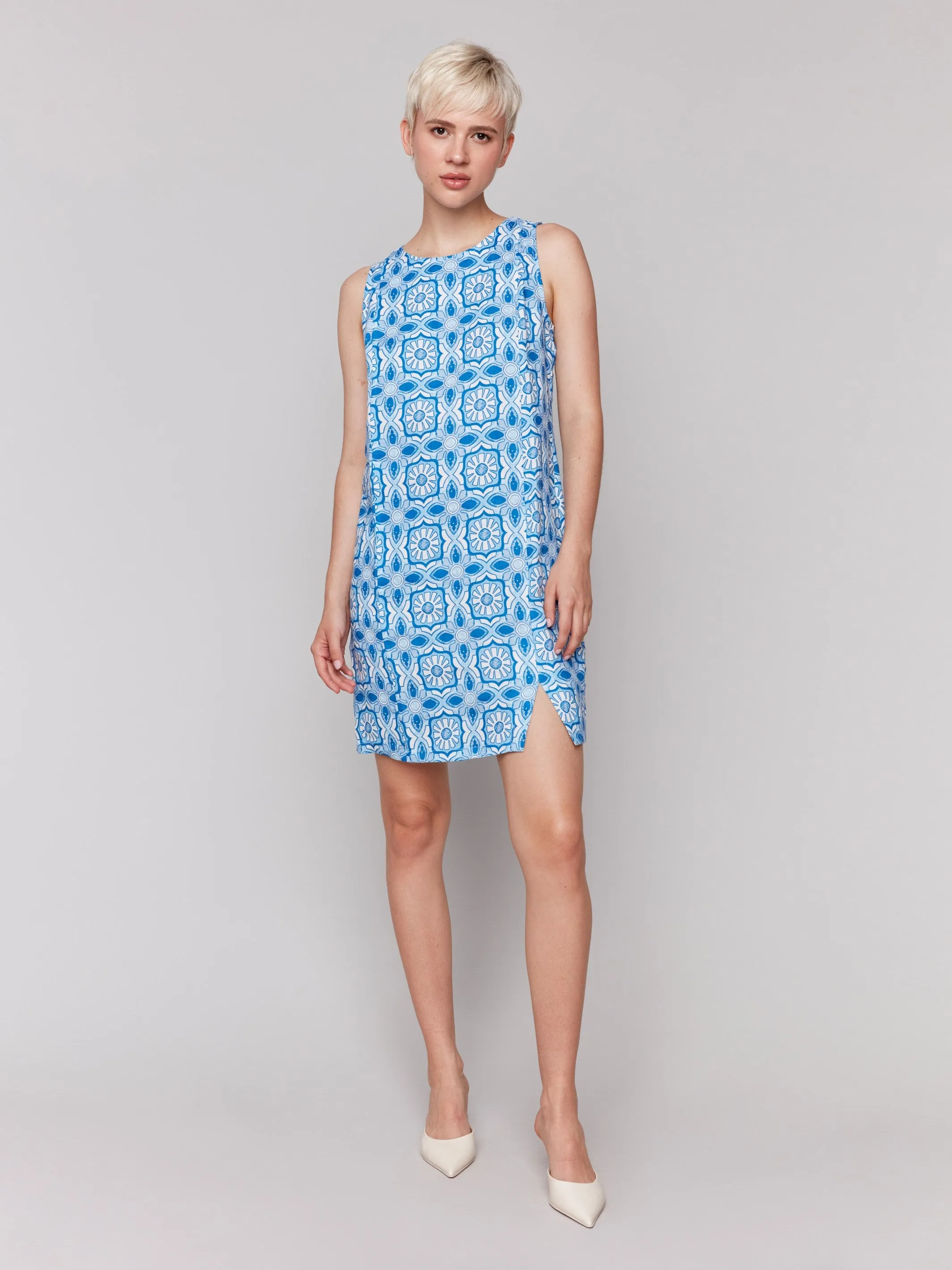 Printed Sleeveless Linen Blend Dress - Illusion