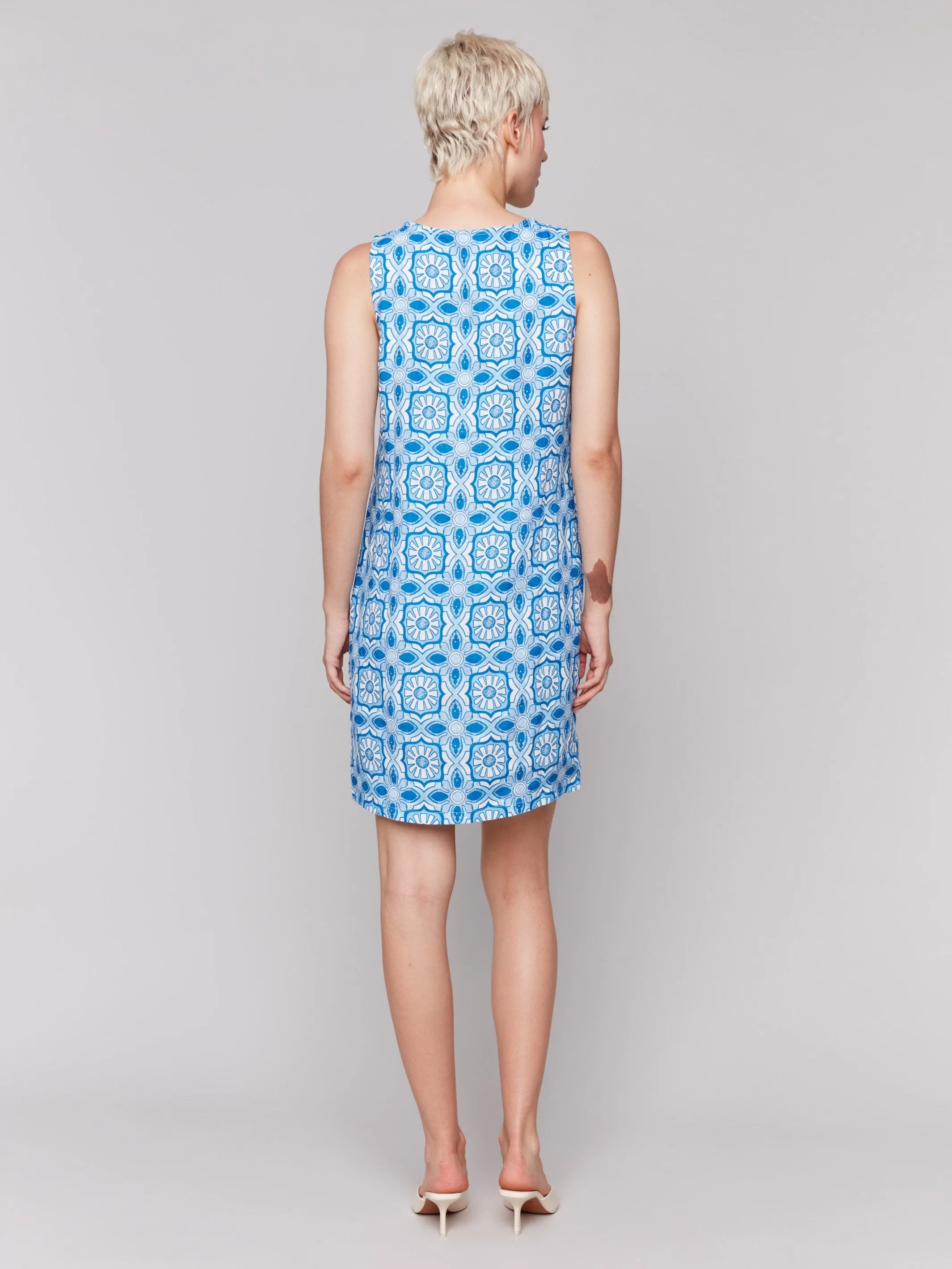 Printed Sleeveless Linen Blend Dress - Illusion