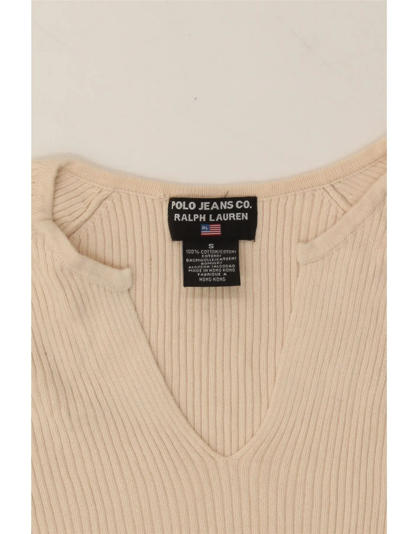 RALPH LAUREN Womens Crop V-Neck Jumper Sweater UK 10 Small Beige Cotton