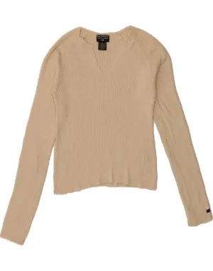 RALPH LAUREN Womens Crop V-Neck Jumper Sweater UK 10 Small Beige Cotton