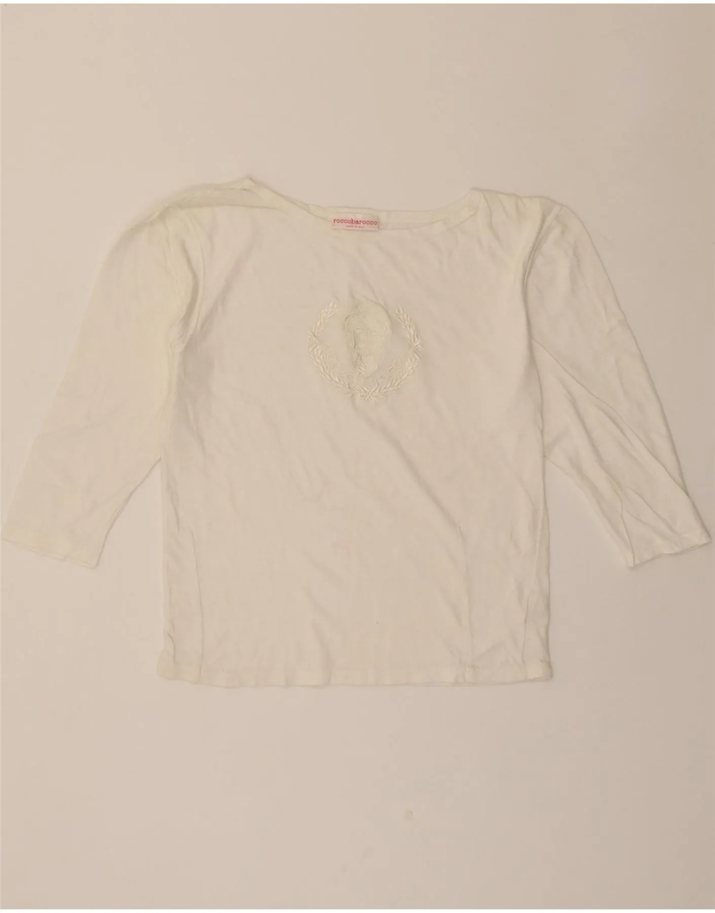 ROCCOBAROCCO Womens Graphic Top 3/4 Sleeve UK 10 Small White Cotton