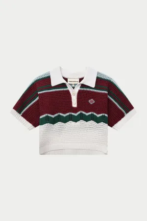 STRIPE CROCHET KNITTED OPEN COLLAR SHIRT - BURGUNDY