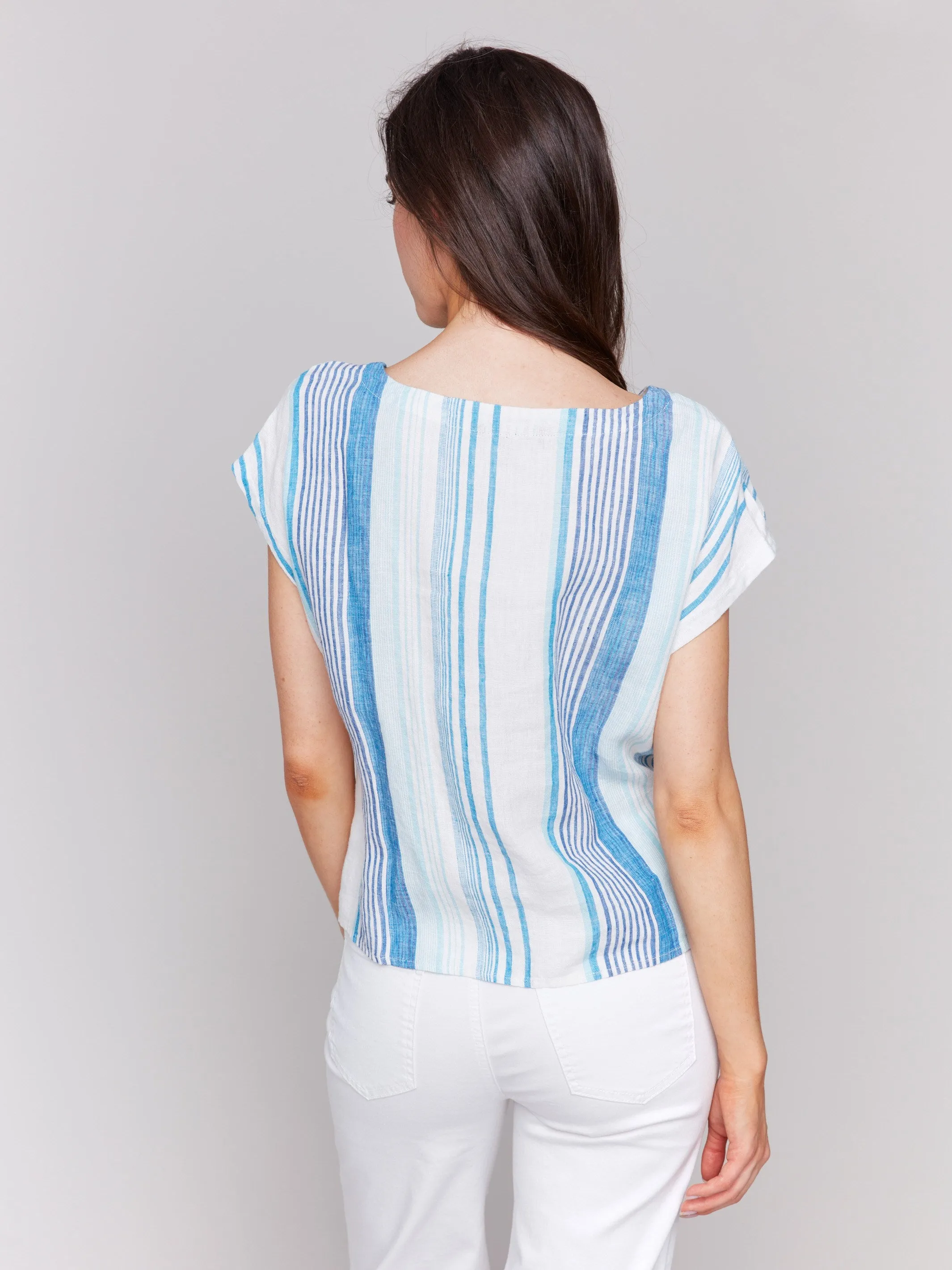 Striped Linen Blend Tie-Front Blouse - Coastal