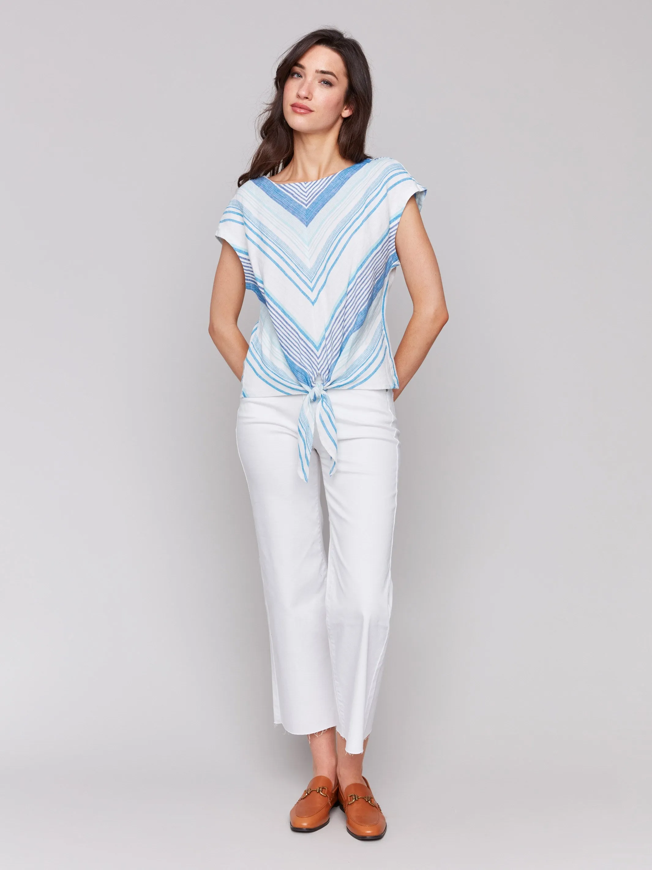 Striped Linen Blend Tie-Front Blouse - Coastal