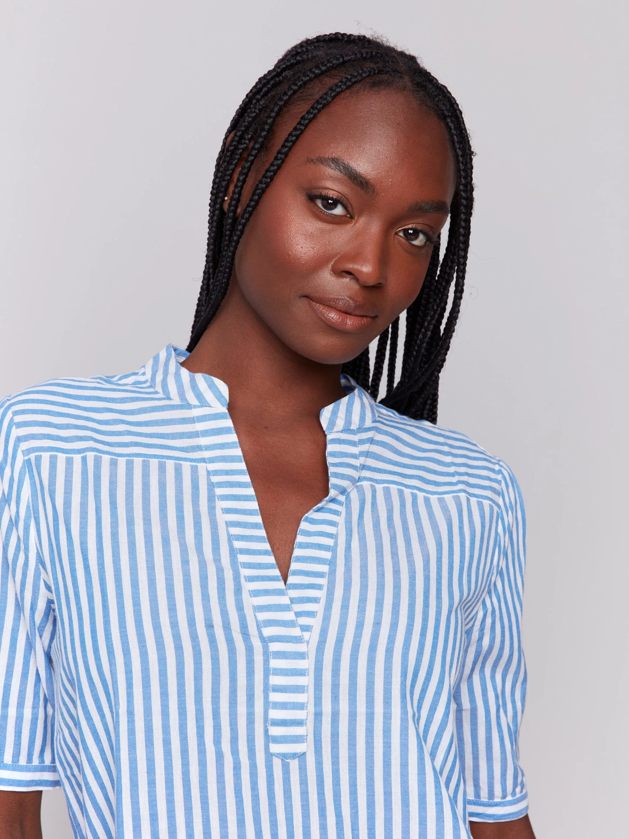 Striped Short Sleeve Popover Blouse - Denim
