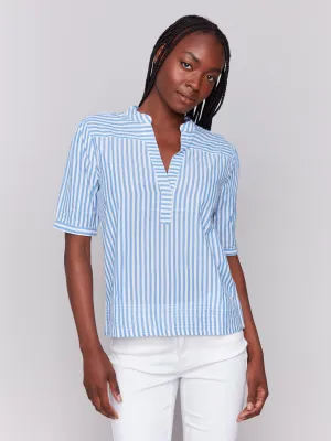 Striped Short Sleeve Popover Blouse - Denim