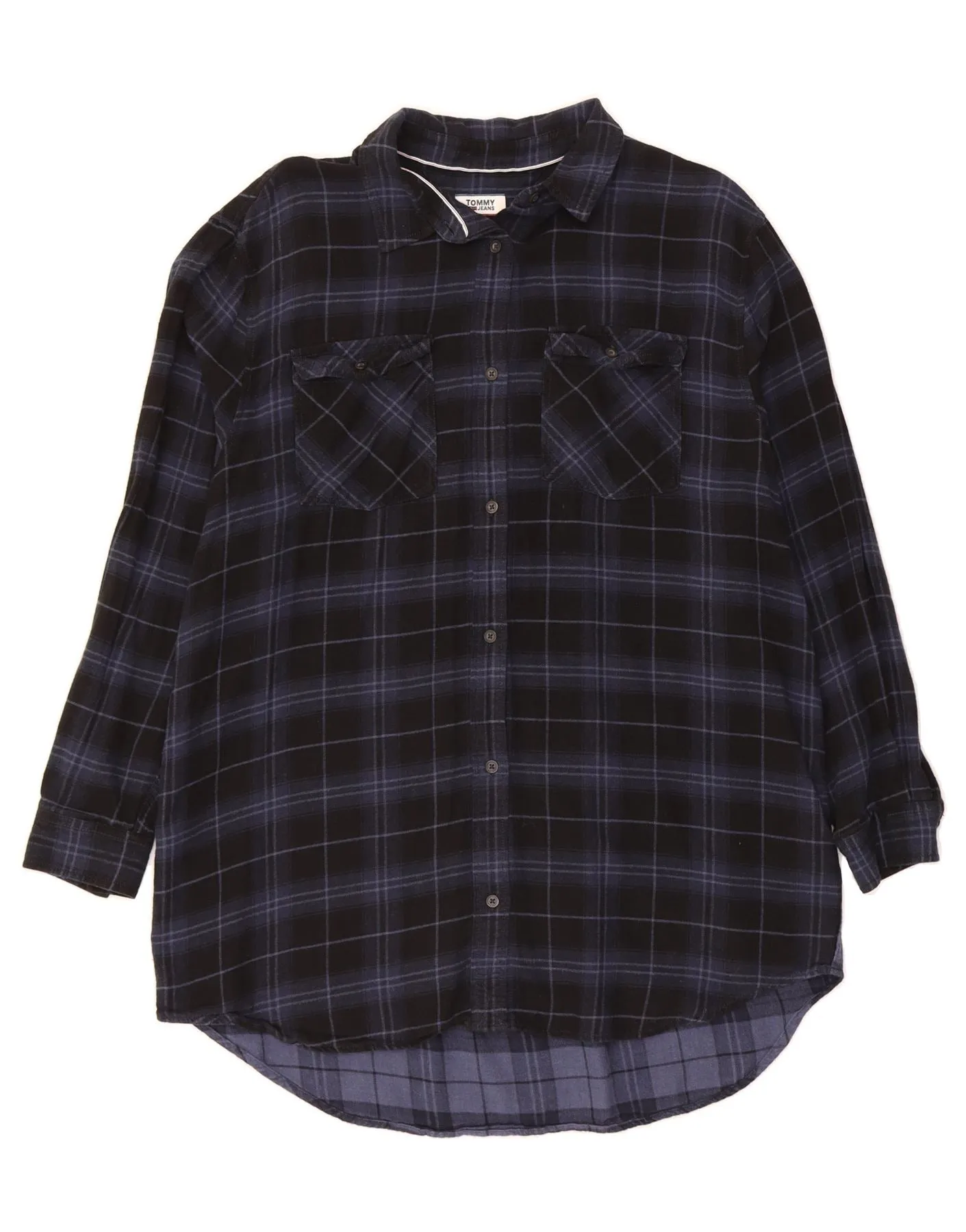 TOMMY HILFIGER Womens Longline Flannel Shirt UK 18 XL Navy Blue Check
