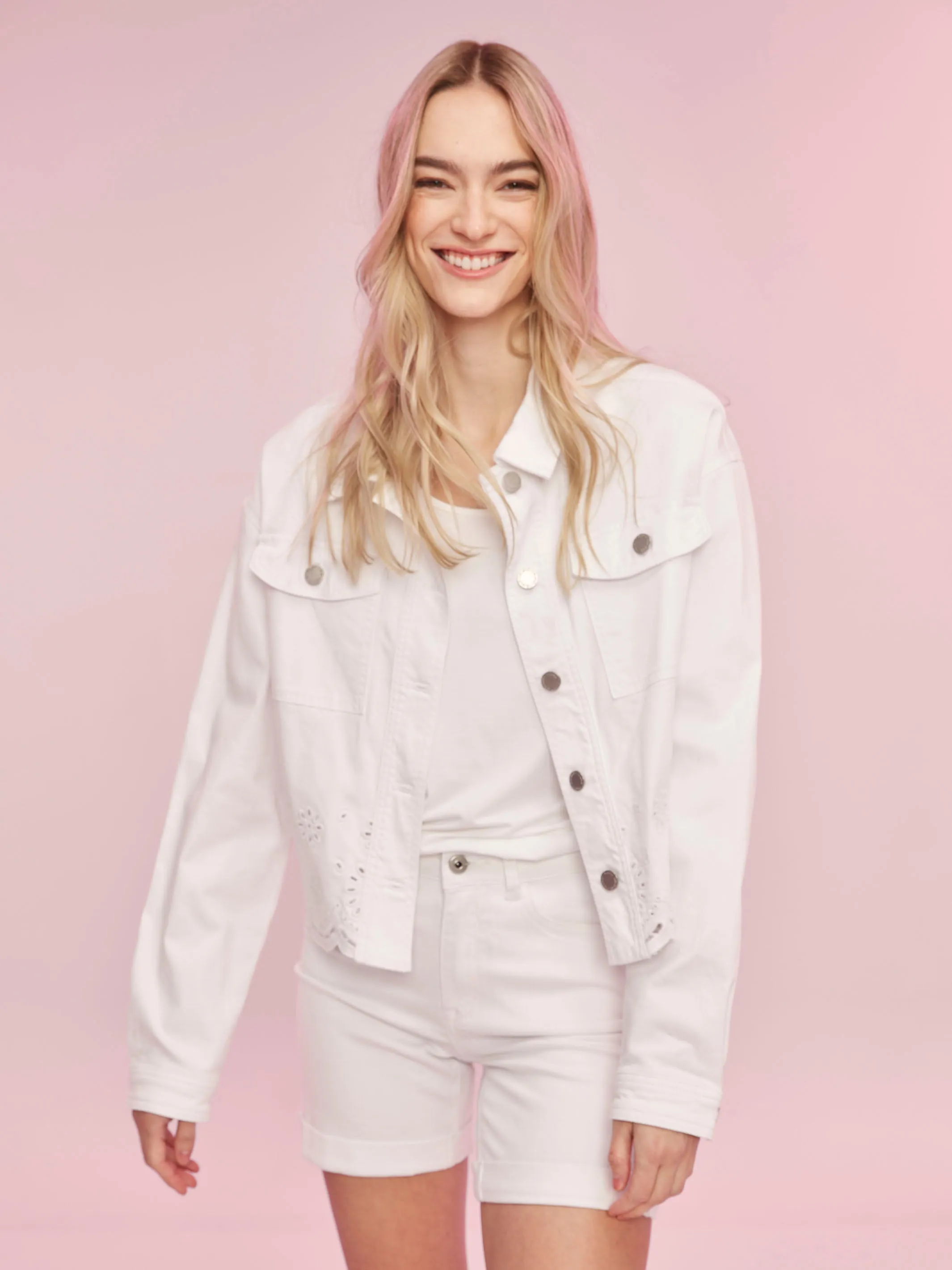 Twill Scalloped Eyelet Jacket - White