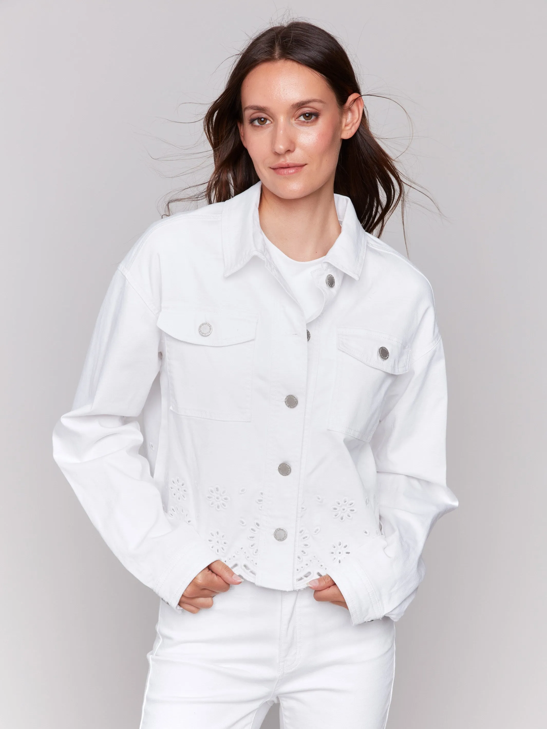Twill Scalloped Eyelet Jacket - White