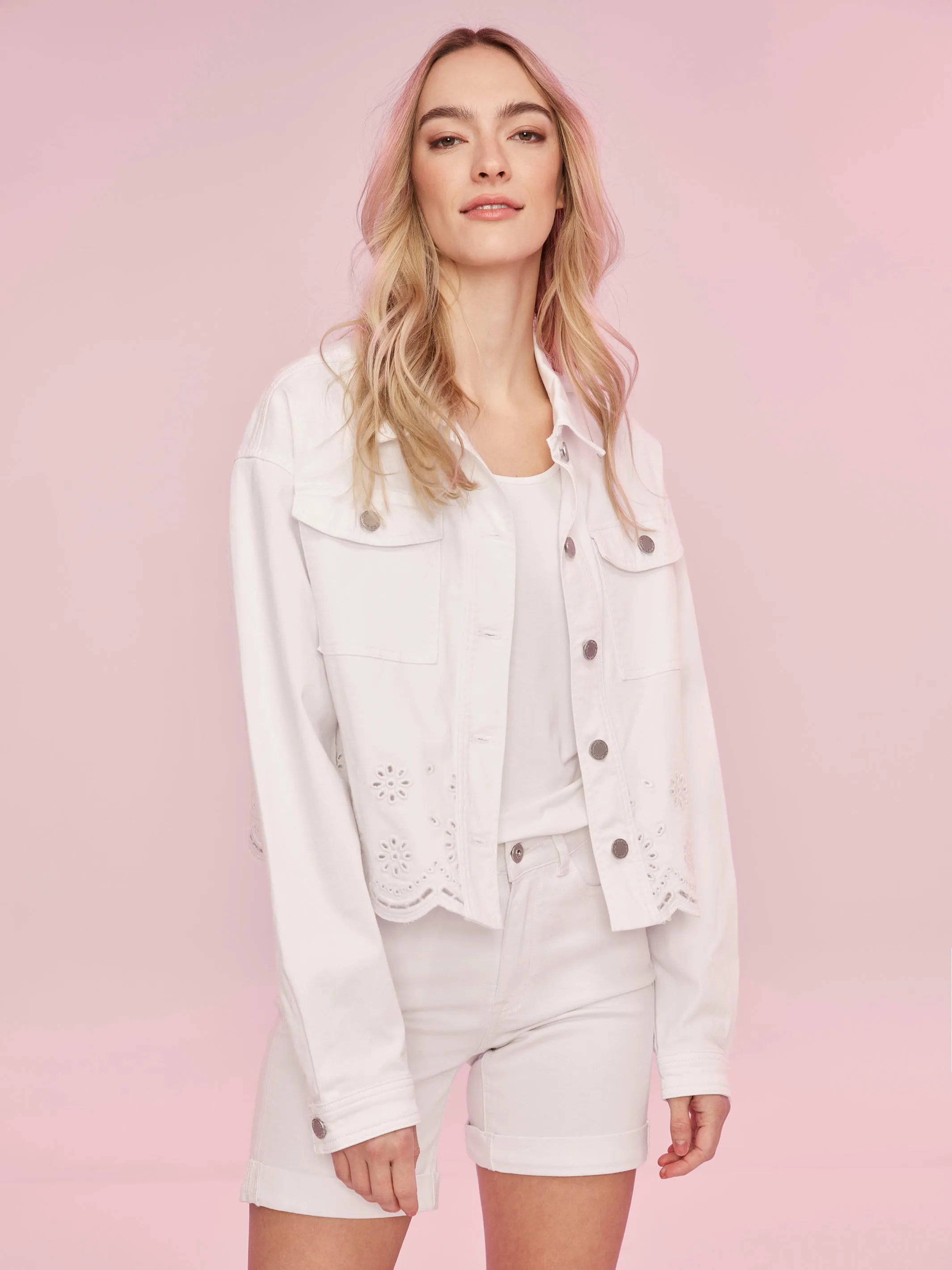 Twill Scalloped Eyelet Jacket - White