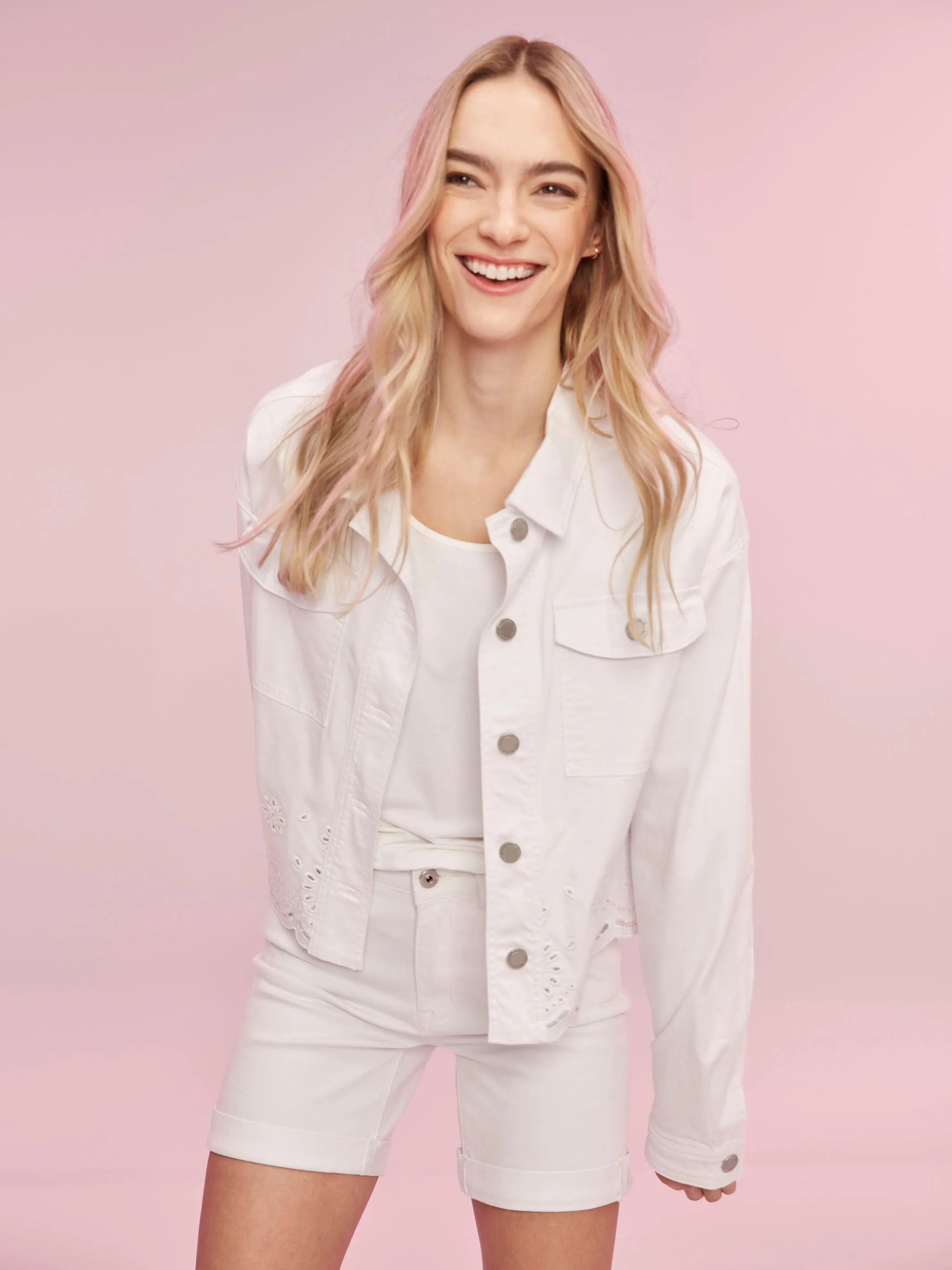 Twill Scalloped Eyelet Jacket - White