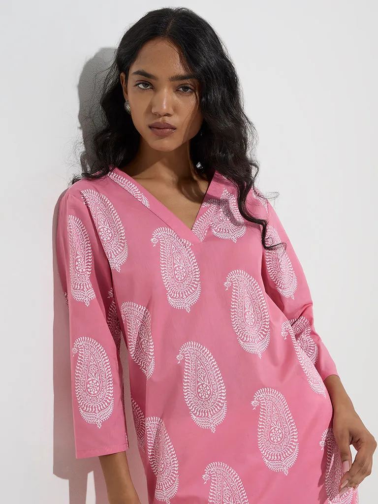 Utsa Pink Paisley Design Cotton Straight Kurta