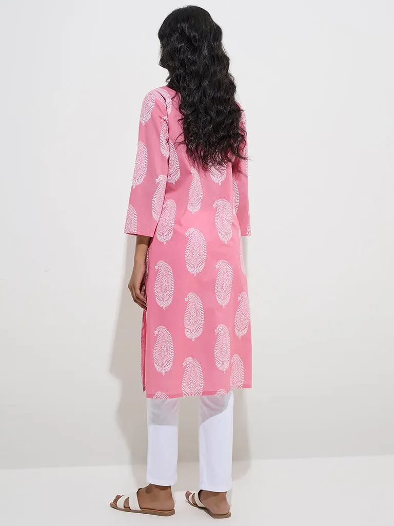Utsa Pink Paisley Design Cotton Straight Kurta