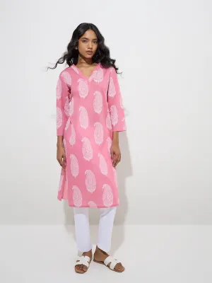 Utsa Pink Paisley Design Cotton Straight Kurta