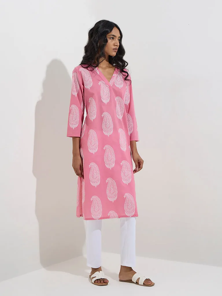 Utsa Pink Paisley Design Cotton Straight Kurta