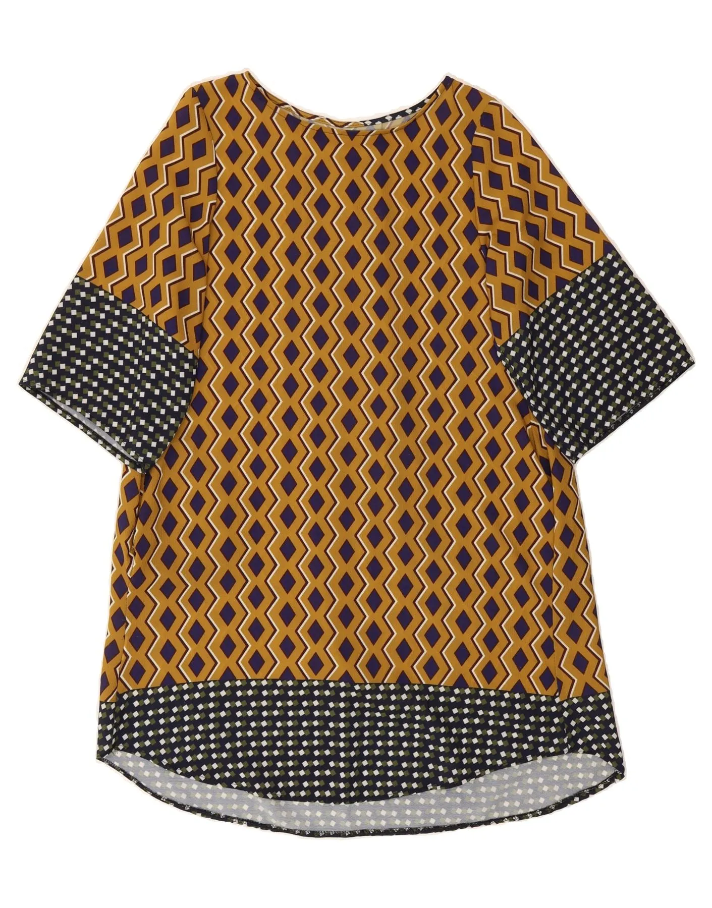 VINTAGE Womens 3/4 Sleeve Sheath Dress UK 18 XL Yellow Argyle/Diamond