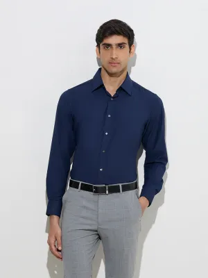 WES Formals Navy Solid Slim-Fit Cotton Shirt