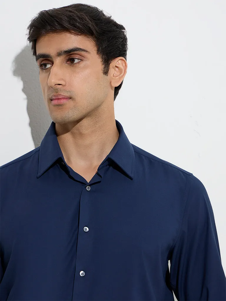 WES Formals Navy Solid Slim-Fit Cotton Shirt