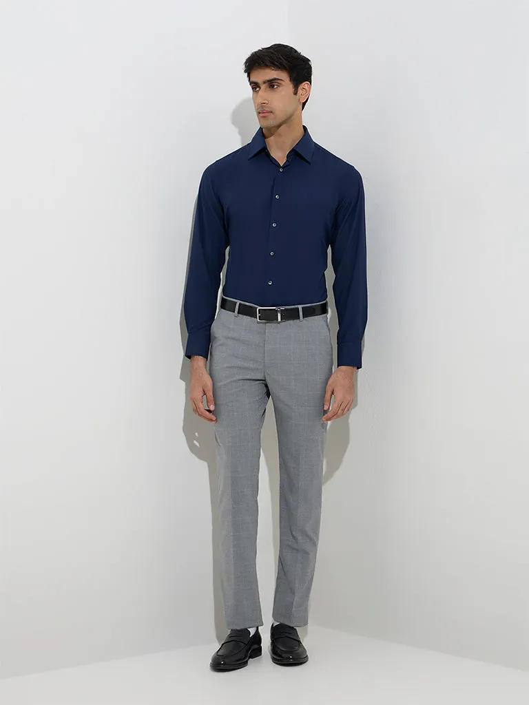 WES Formals Navy Solid Slim-Fit Cotton Shirt
