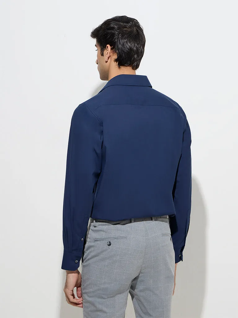 WES Formals Navy Solid Slim-Fit Cotton Shirt
